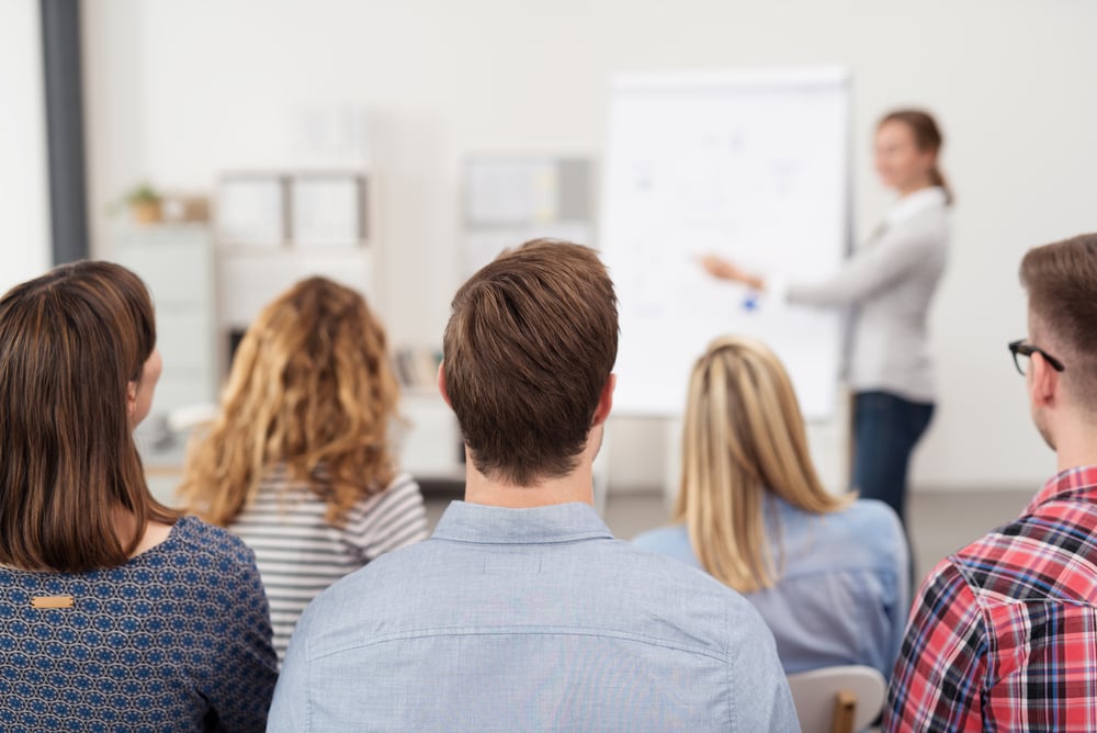 Rear View of Young Office Workers in Casual Outfits Listening to a Top Manager Explaining Something Using Illustrations.